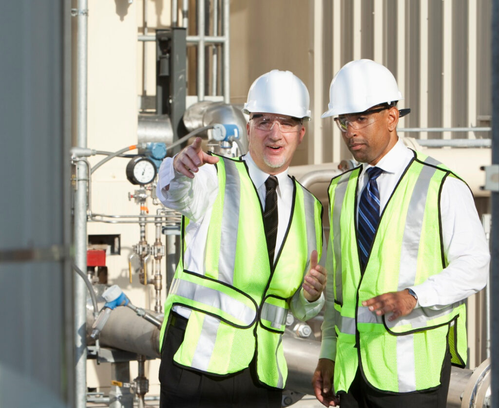 Picture of a Wi-Mark Manufacturer's Representative explaining an installation at a chemical plant